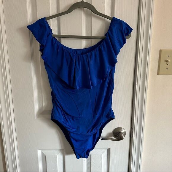 Trina Turk Women’s Monaco Off The Shoulder Ruffle One Piece Swim Blue Size 12 - Picture 1 of 10